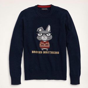 NWT Brooks Brothers Lunar New Year Bunny Rabbit Merino Wool Sweater Navy Blue
